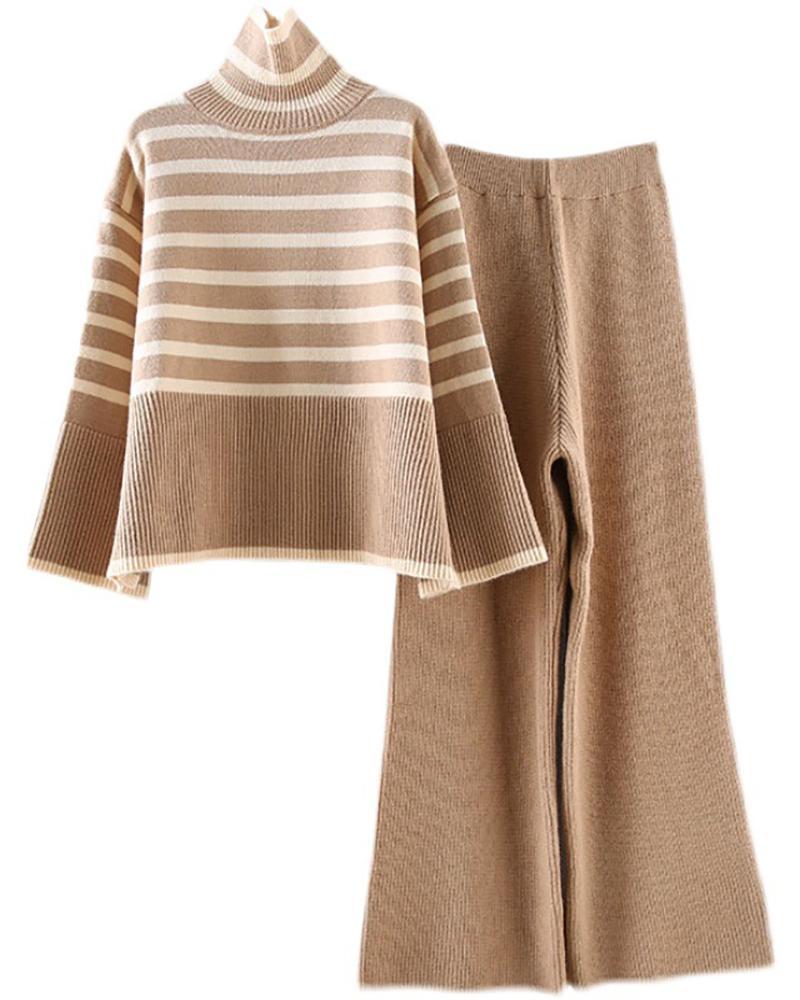 High-neck knitted sweater + high-waist straight-leg wide-leg pants two-piece set