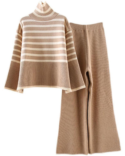 High-neck knitted sweater + high-waist straight-leg wide-leg pants two-piece set