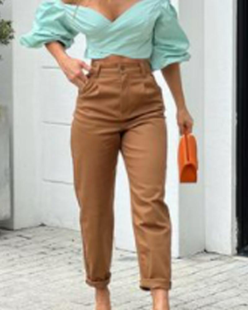 Vintage Bubble Sleeve Top Tapered Pants Set