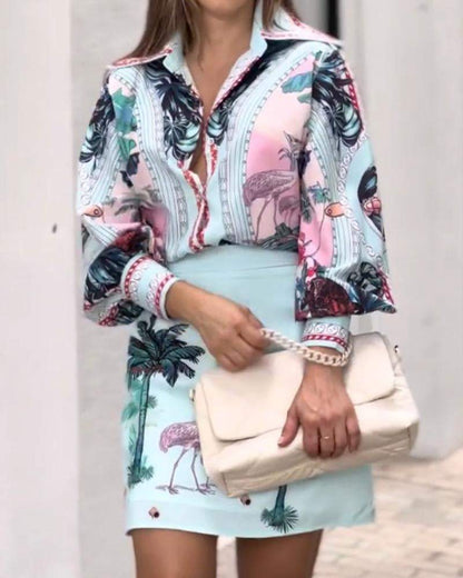 Printed Shirt Top Mini Skirt Suit