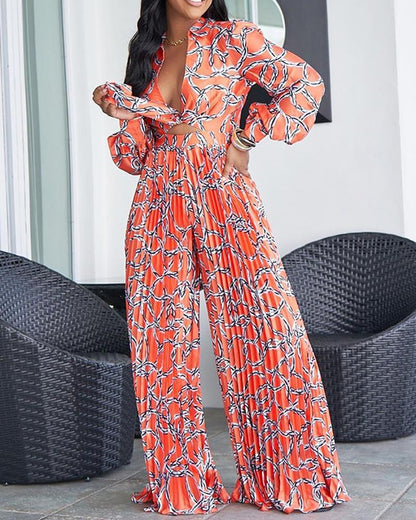 Printed Two-Piece Set of Trendy Long Sleeve Shirt & Pleated Wide Leg Pants