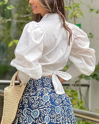 Two Piece Set of Lantern Long Sleeve Shirt & High Waist Print Skirt