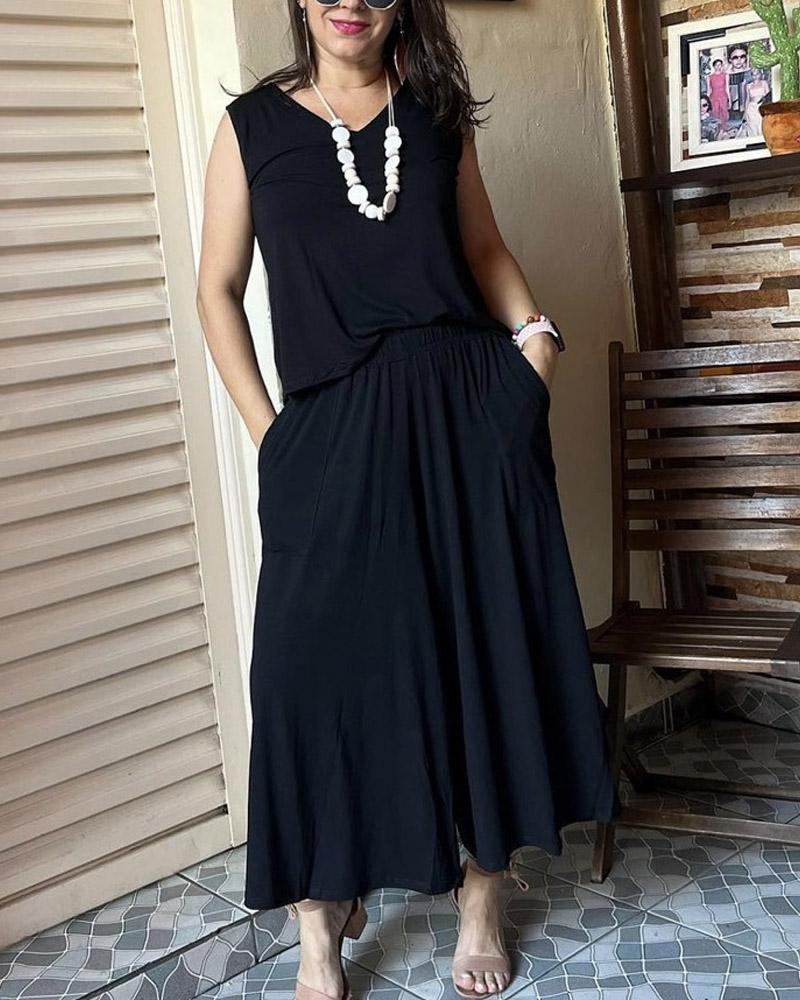 Solid Color Sleeveless Jacket Wide Leg Pants Set