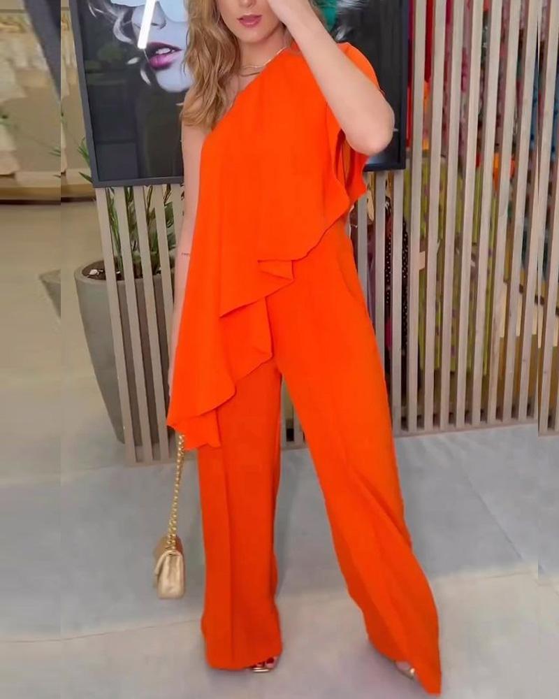 Solid Shoulder Top Casual Pants Set