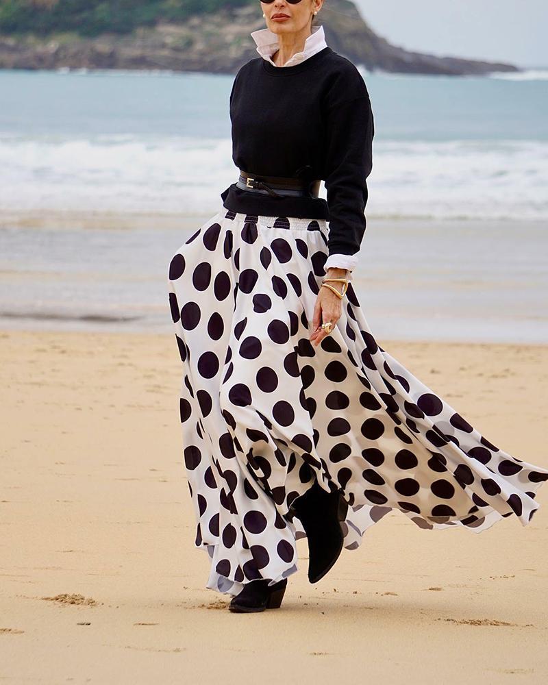 Stylish Two Piece Set with Crewneck Sweater & Polka Dot Skirt