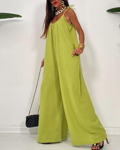 Simple Solid Color Sling Loose Jumpsuit