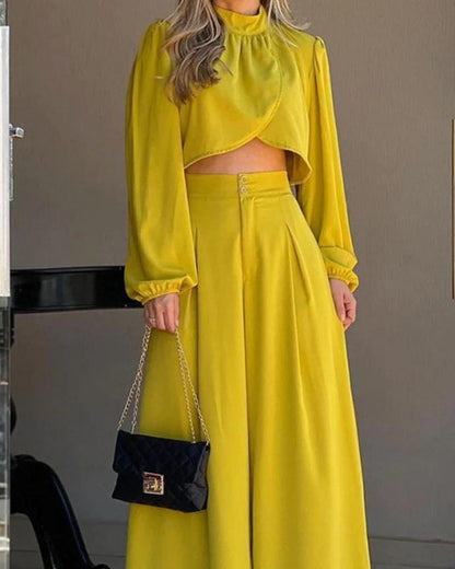 Elegant Solid Color Irregular Top High Waist Wide Leg Pants Set