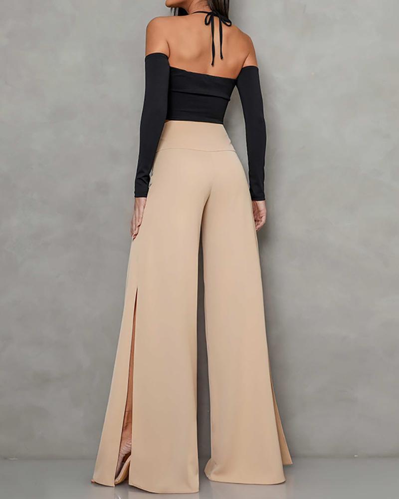 Two-piece set of halterneck off-the-shoulder top & solid wide-leg pants