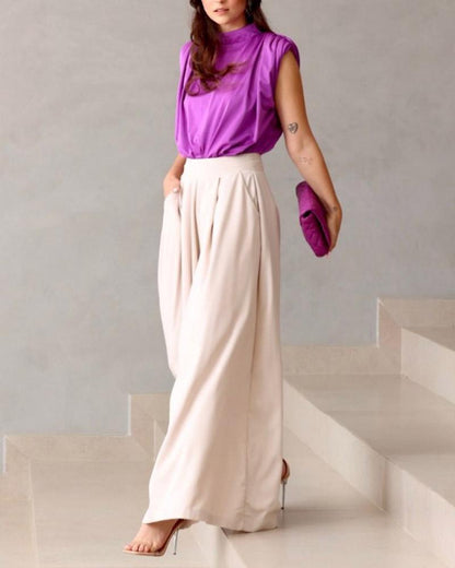 Sleeveless Top Solid Color Pants Set