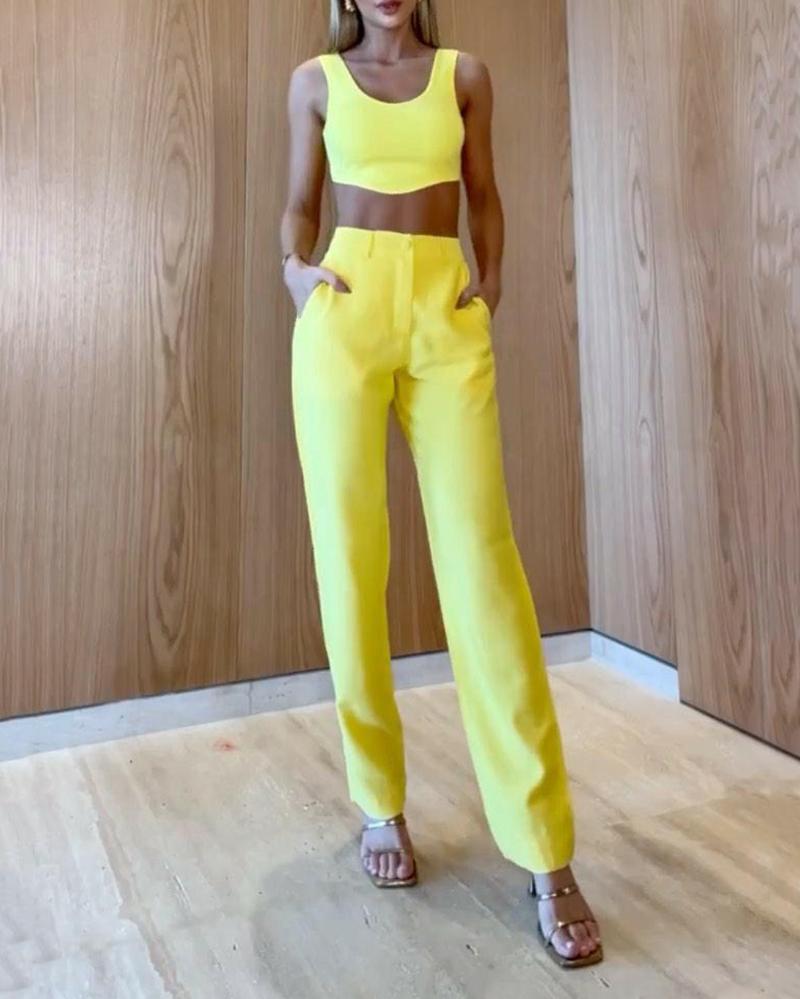 Solid Color Suit of Sleeveless Cropped Tank Top & Pants