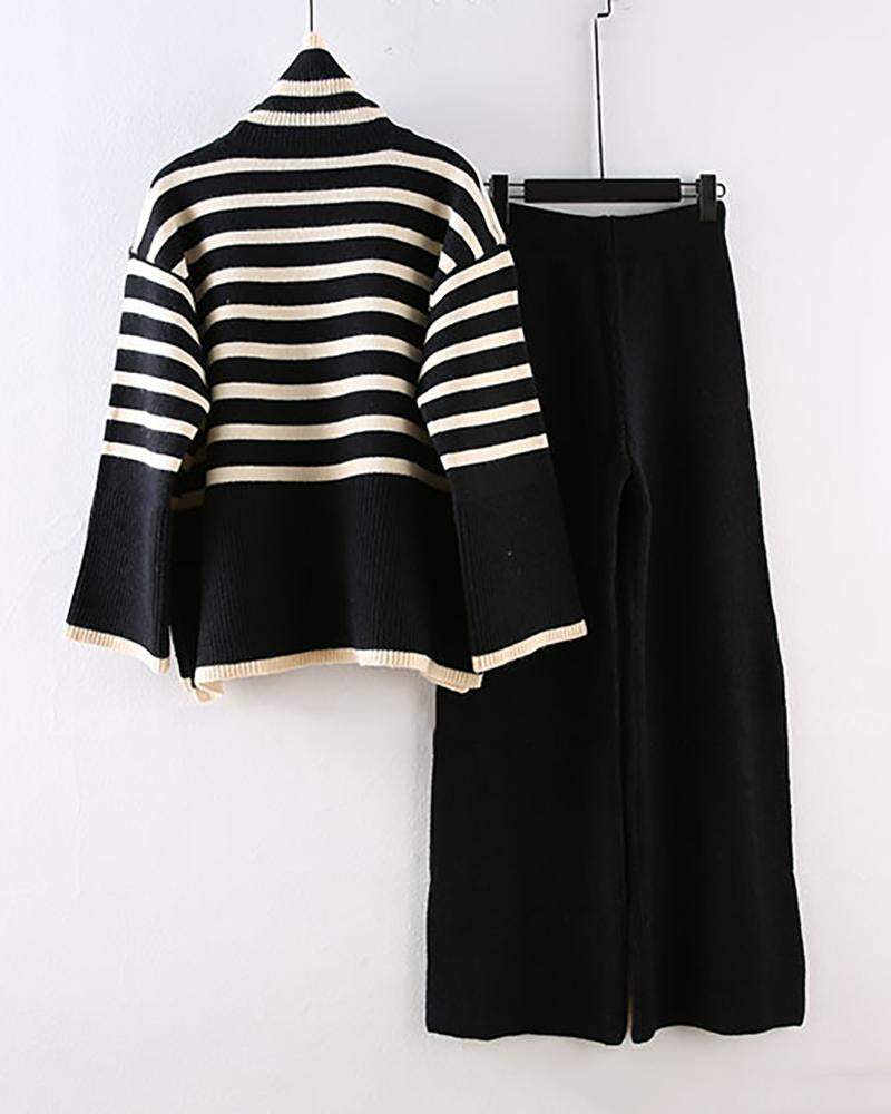 High-neck knitted sweater + high-waist straight-leg wide-leg pants two-piece set