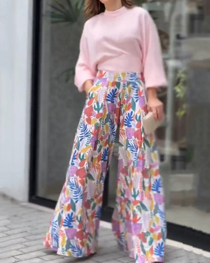 Two-Piece Set of Balloon Sleeve Top & Printed Wide Leg Pants