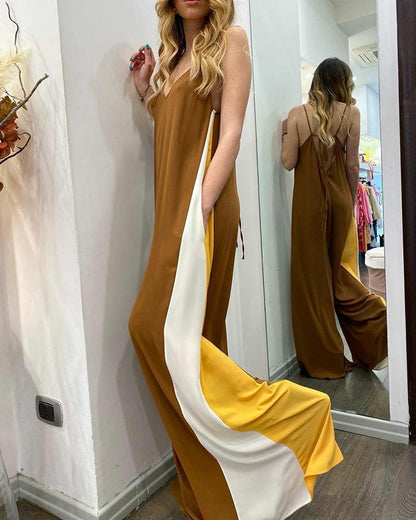 Sling wide-leg jumpsuit with color-block side seams