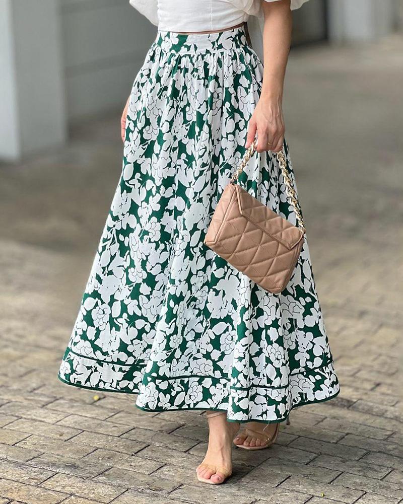 Square Neck Puff Sleeve Top & Floral Skirt Two Piece Set