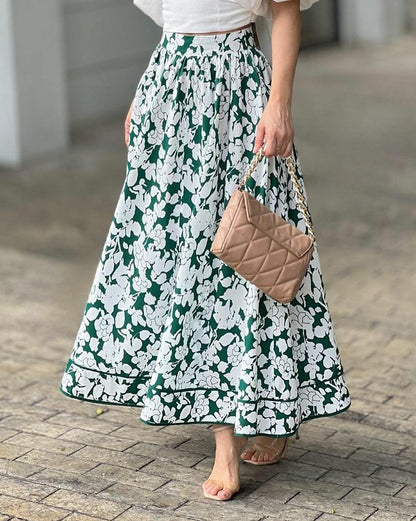 Square Neck Puff Sleeve Top & Floral Skirt Two Piece Set