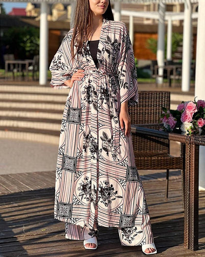 Lace-Up Printed Long Cardigan Straight Pants Casual Suit