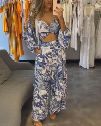 Fashion Printed Sling Cardigan Pants Three-piece Suit