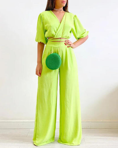 Solid color V-neck short-sleeved shirt high waist wide-leg pants suit