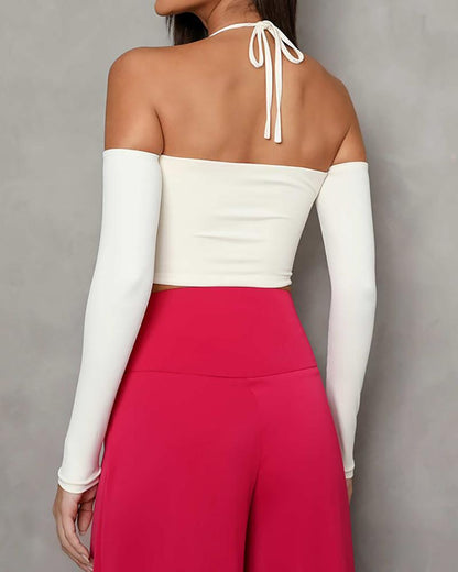 Two-piece set of halterneck off-the-shoulder top & solid wide-leg pants