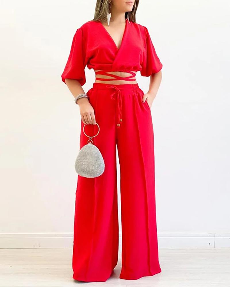 Solid color V-neck short-sleeved shirt high waist wide-leg pants suit