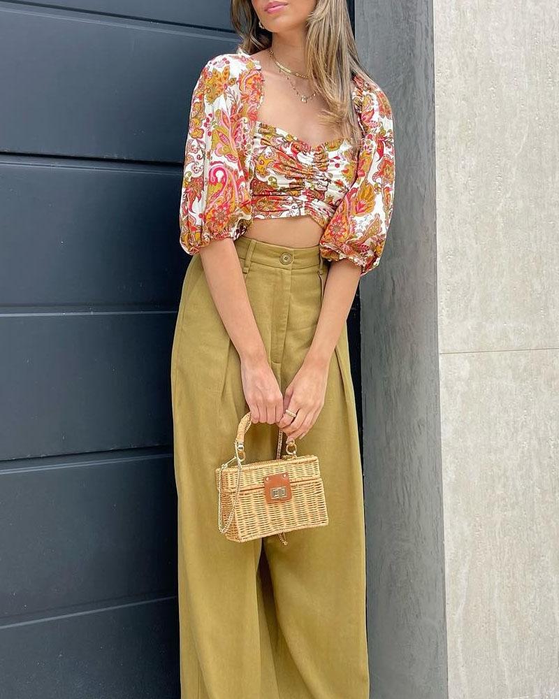 Printed Top Solid Pants Set