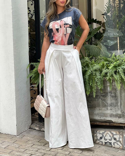 Two-piece set of short-sleeved printed T-shirt & solid wide-leg pants