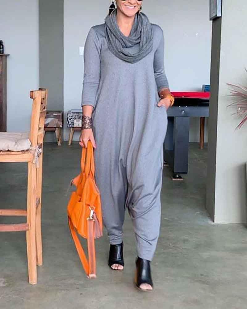 Solid V-Neck Long Sleeve Jumpsuit