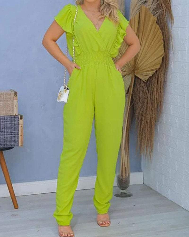 V-Neck Ruffle Sleeve High Waist Jumpsuit