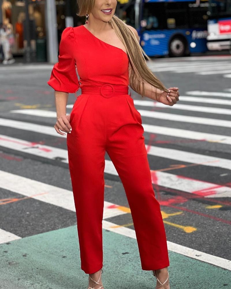 Solid Color Diagonal Shoulder Belt Jumpsuit