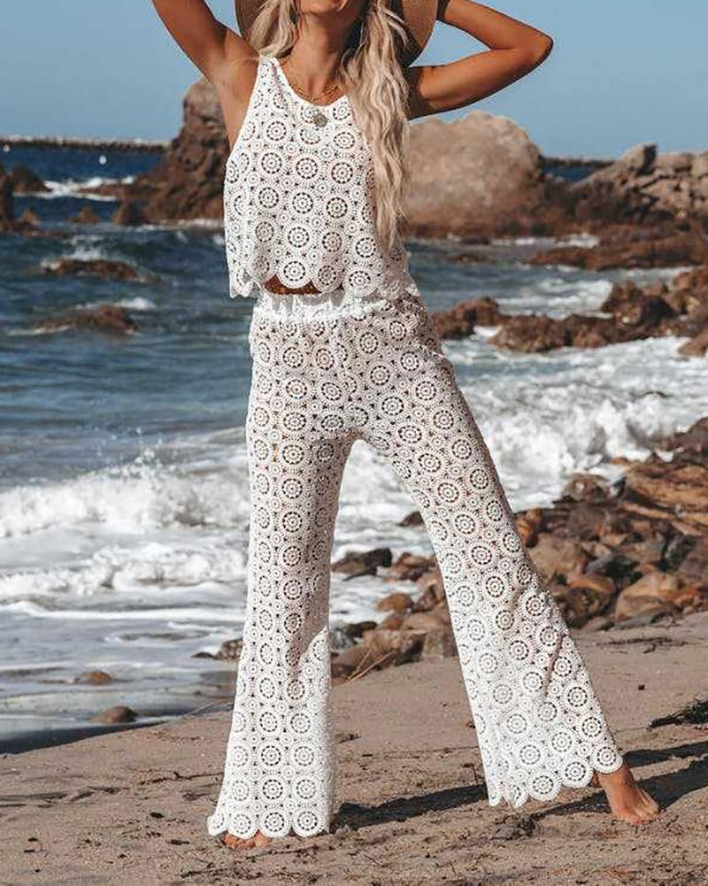 Sexy Hollow Lace Vest + Pants Two-piece Set