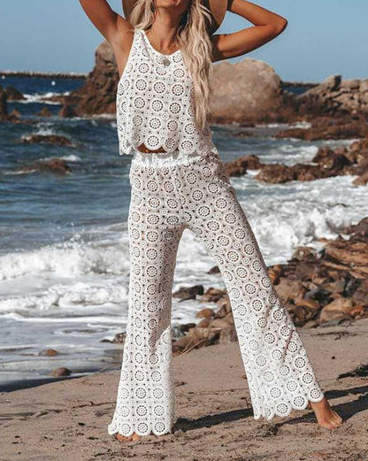 Sexy Hollow Lace Vest + Pants Two-piece Set