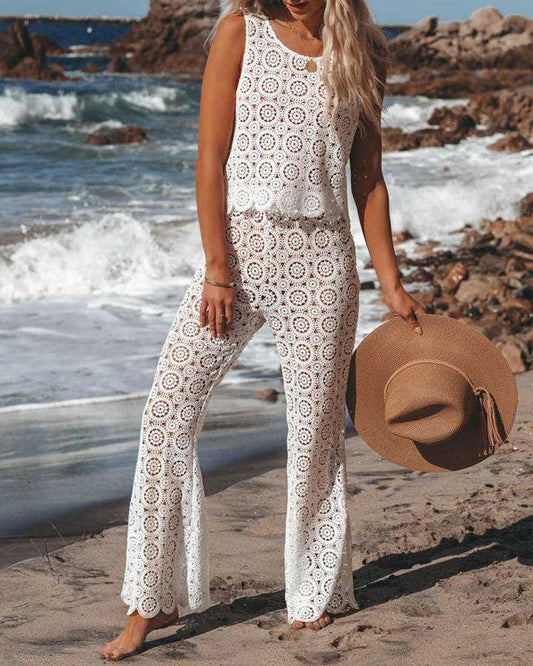 Sexy Hollow Lace Vest + Pants Two-piece Set