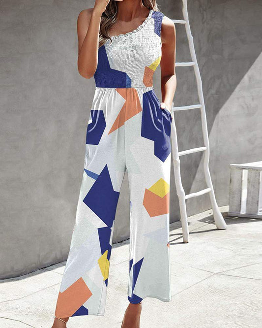 Diagonal Shoulder Top Printed Jumpsuit