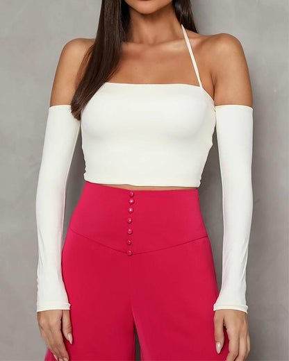 Two-piece set of halterneck off-the-shoulder top & solid wide-leg pants