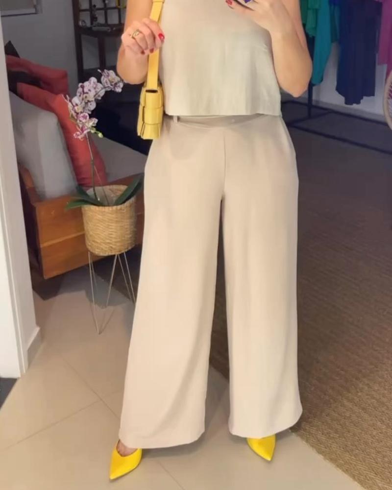 Shoulder-length Sleeveless Vest Wide Leg Pants Set