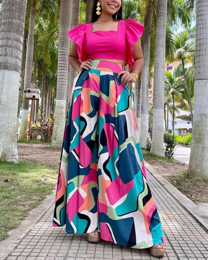 Square Neck Lace-Sleeve Top Printed Wide Leg Pants Set