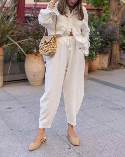 Lapel Long Sleeve Shirt & Cropped Pants Cotton Two-Piece Set