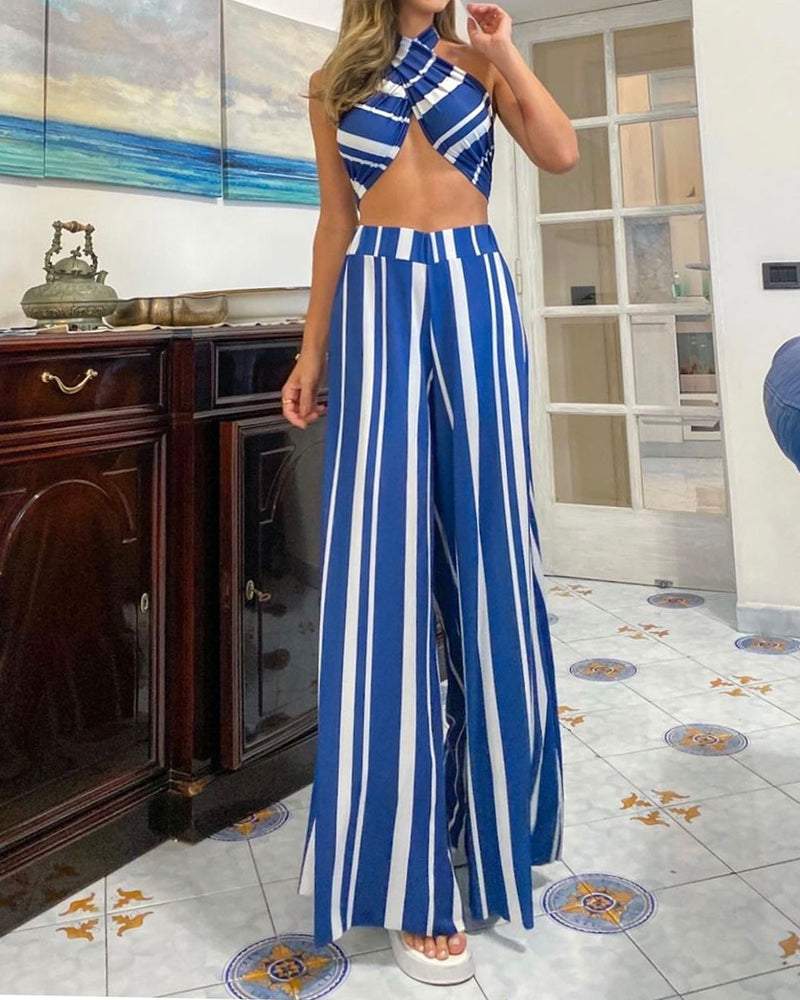 Casual Striped Print Top & Pants Two-Piece Set