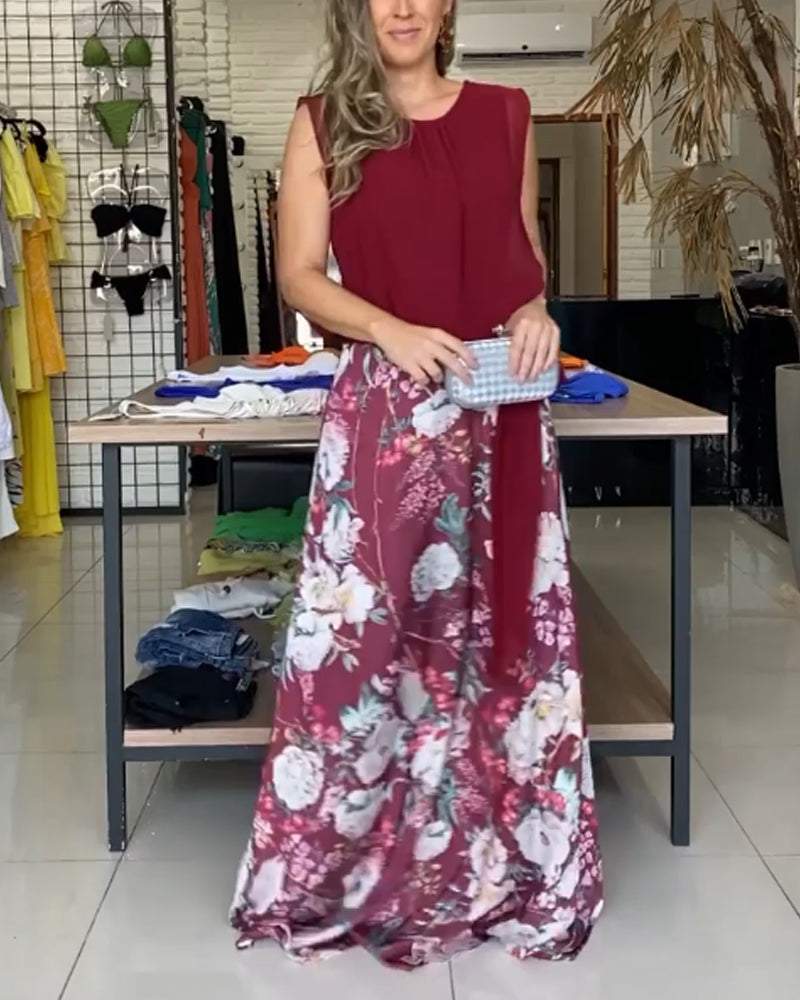 Sleeveless Chiffon Top Printed Long Skirt Suit