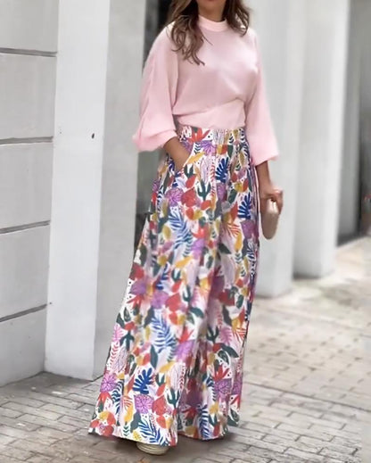 Two-Piece Set of Balloon Sleeve Top & Printed Wide Leg Pants