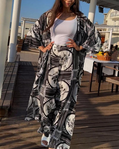 Lace-Up Printed Long Cardigan Straight Pants Casual Suit