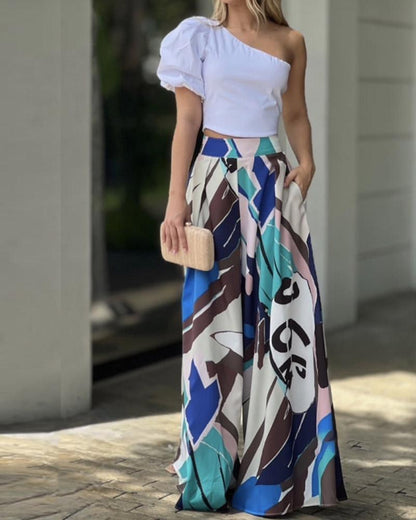 One-Shoulder Top Printed Pants Set