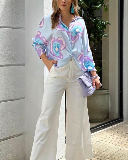 Printed Shirt Solid Color Pants Set