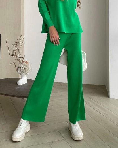 Half High Neck Side Split Top Pants Knit Set