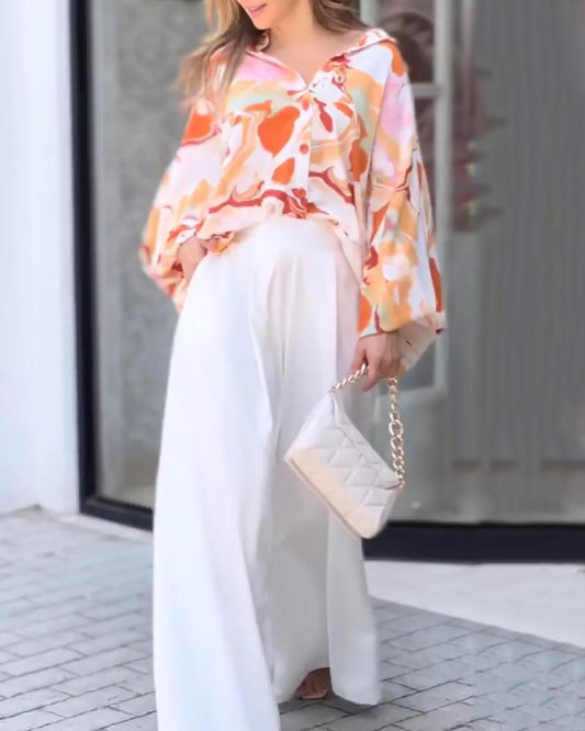 Two-Piece Set in Casual Print Shirt & Wide Leg Pants