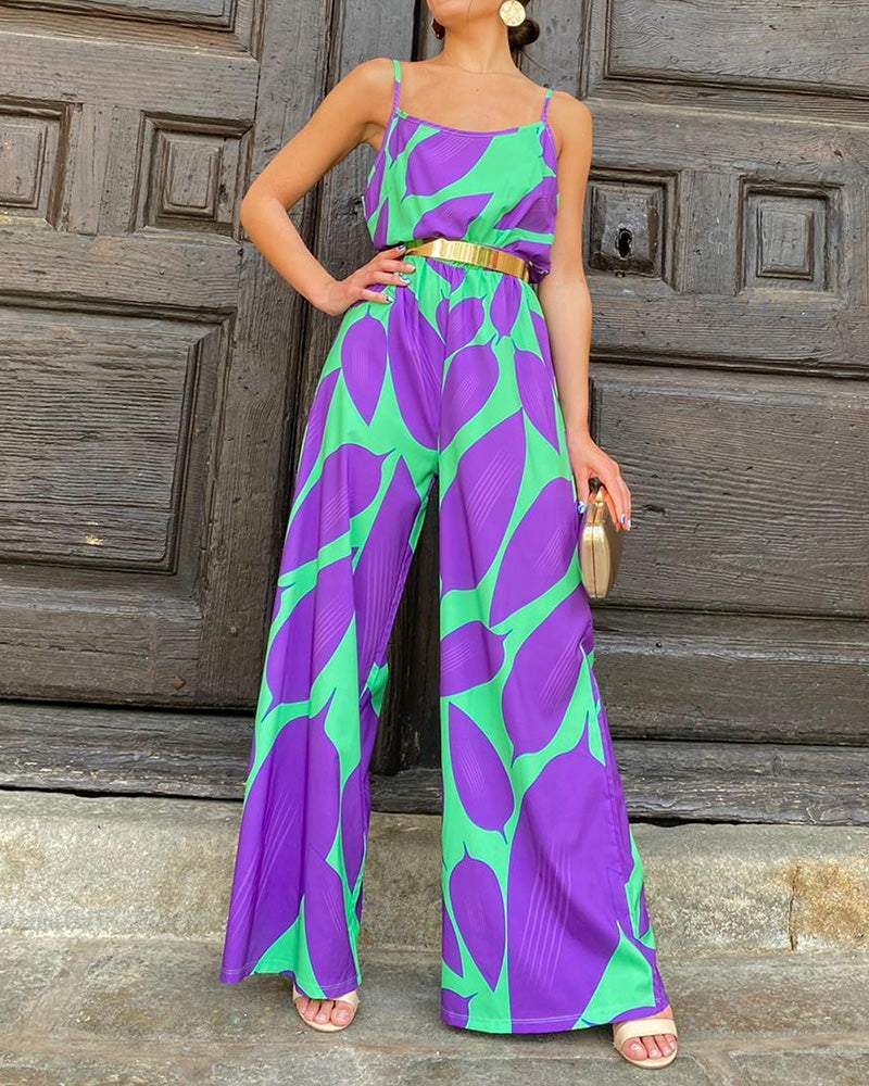 Leaf Print Wide-leg Jumpsuit