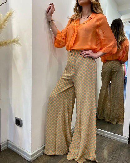 Two Piece Solid Shirt & High Waist Printed Trousers