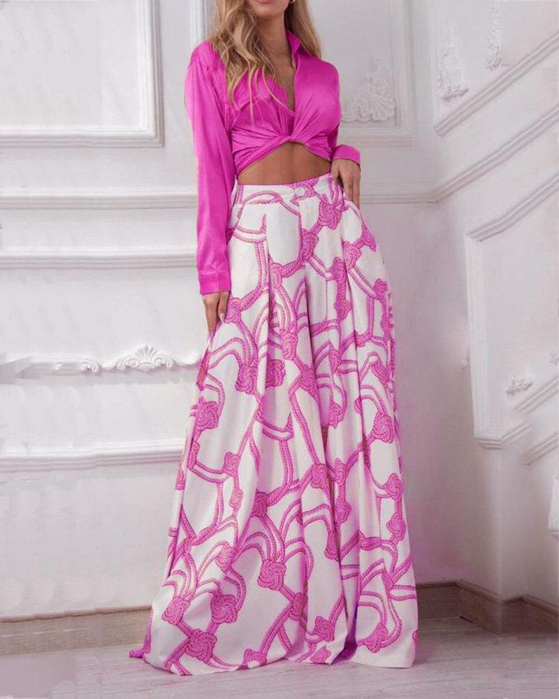 Satin Long-Sleeve Top & Casual Printed Wide-Leg Pants Two-Piece Set