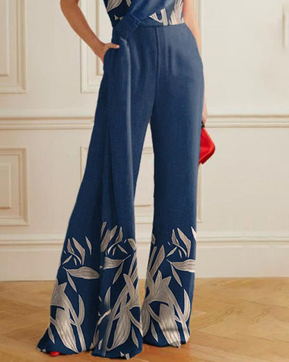 Fashion Crew Neck High Waist Casual Print Jumpsuit