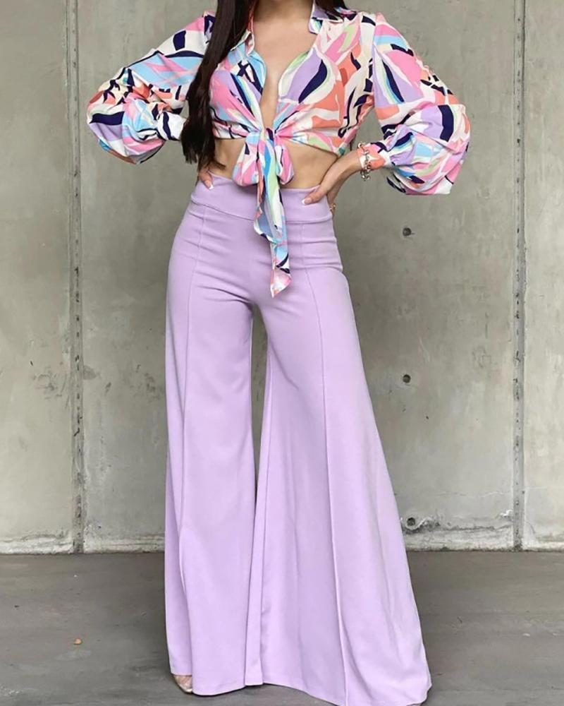 Lapel Puff Sleeve Print Cropped Shirt & High Waist Wide Leg Pants Set